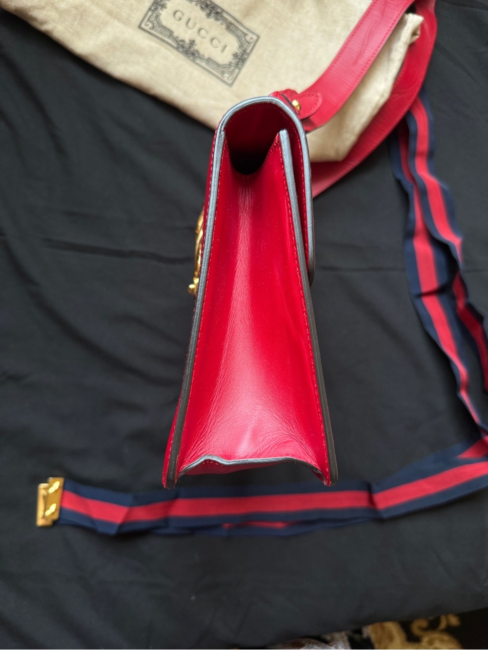 Gucci Sylvie Red Medium Leather Chain-Accent Crossbody Bag with Navy Stripe - Picture 7 of 14